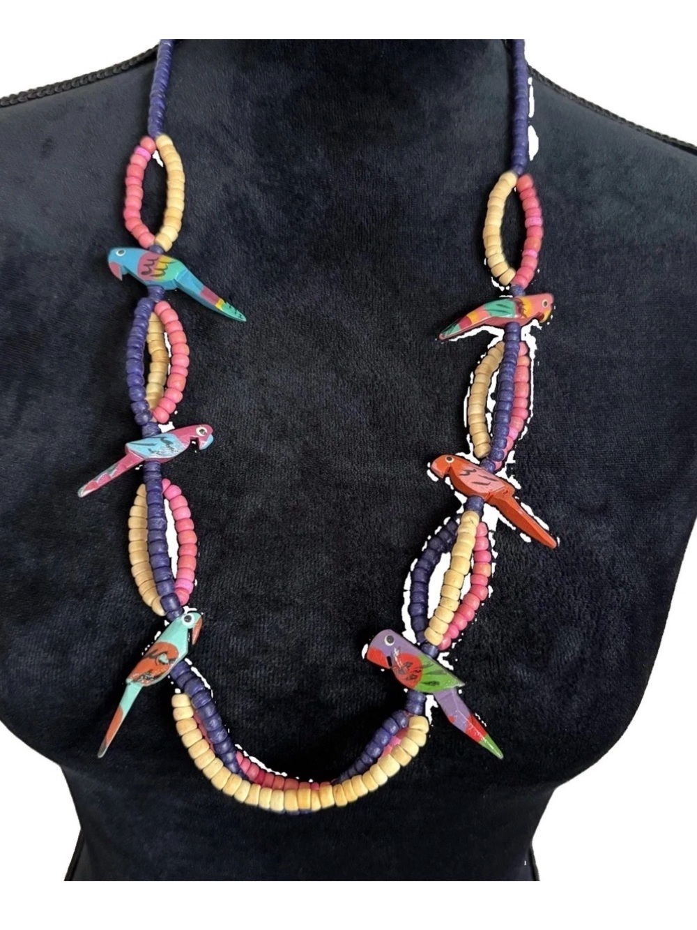 Vtg Necklace Multicolor Wood Beaded Hand Painted Parrot Bird Charms Boho 30 In